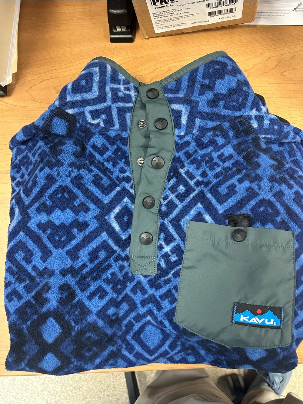Kavu Blue Geometric Snap Pullover with Grey Placket & Pocket